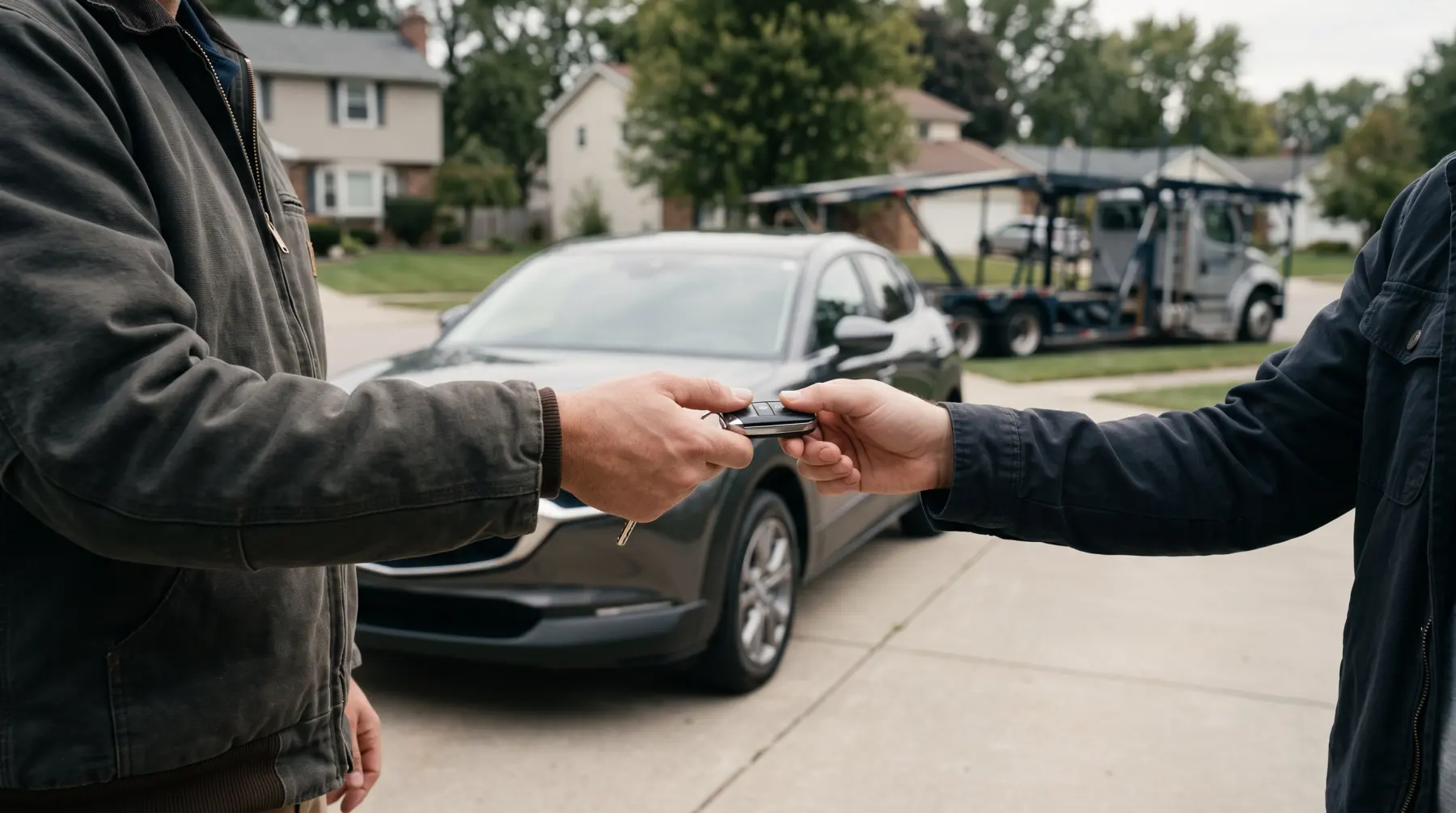 Keys handed to the owner in a driveway, the carrier parked behind