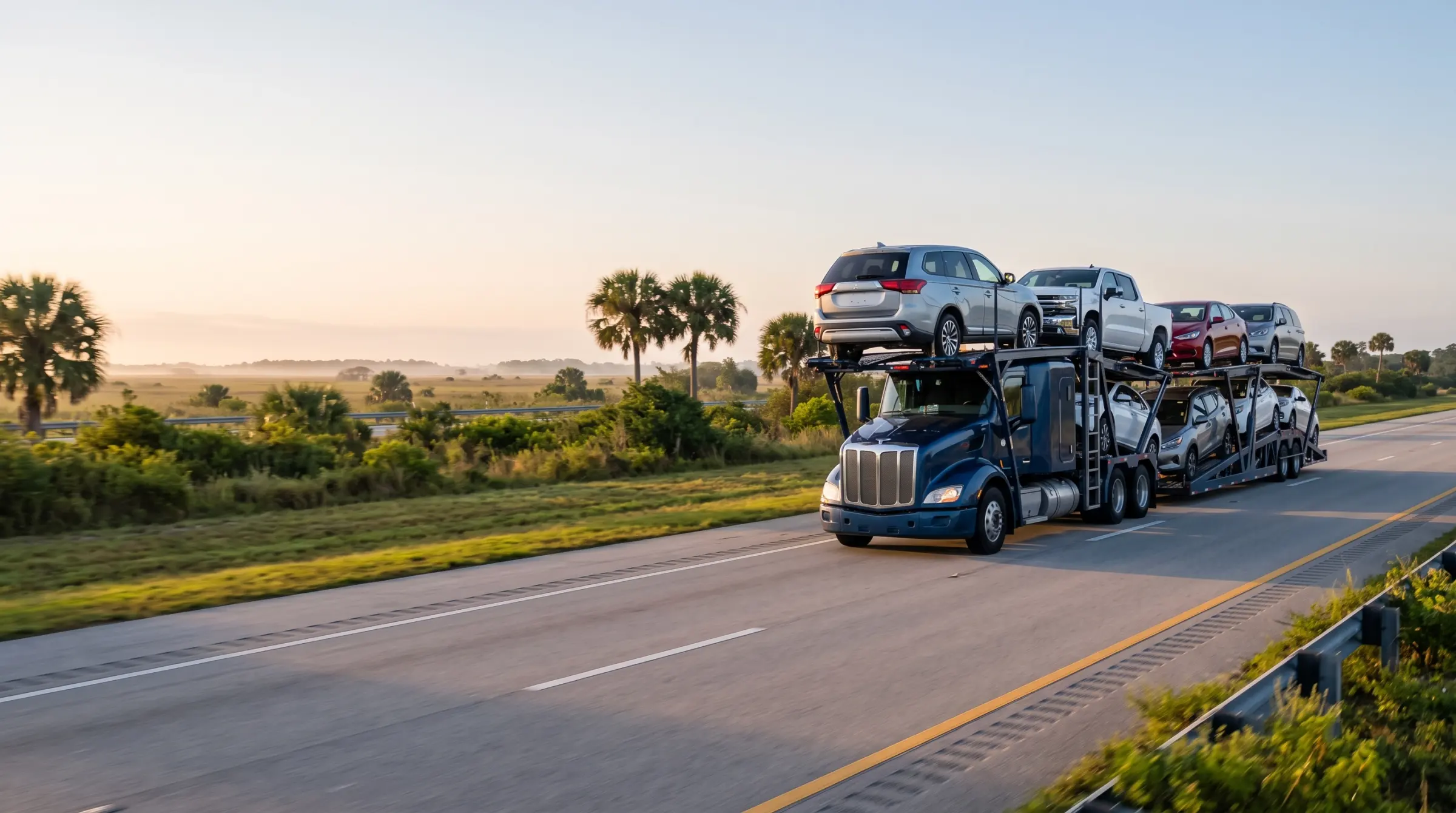 Loaded open car carrier on a Florida highway at sunrise