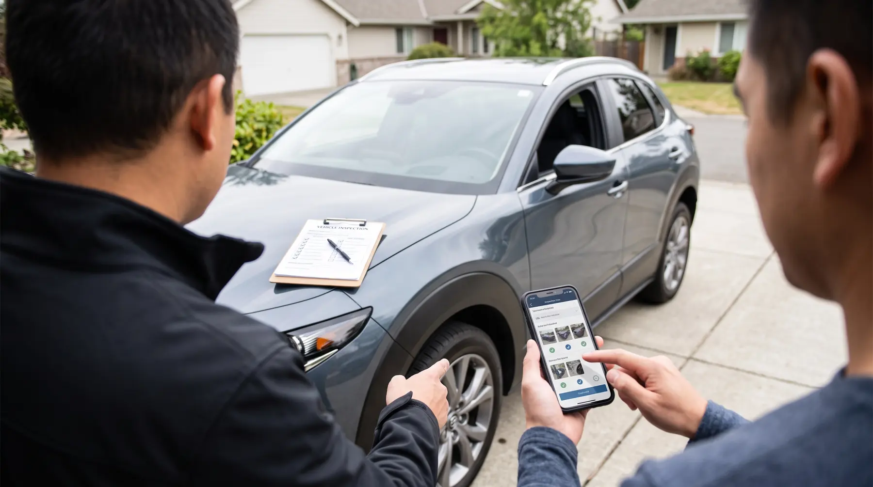 Driver and owner checking a car together, inspection photos open on a phone